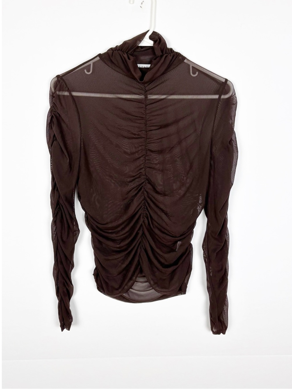Sweet Rain Young contemporary Top Brown Mesh Nylon Ruched Long Sleeve Medium